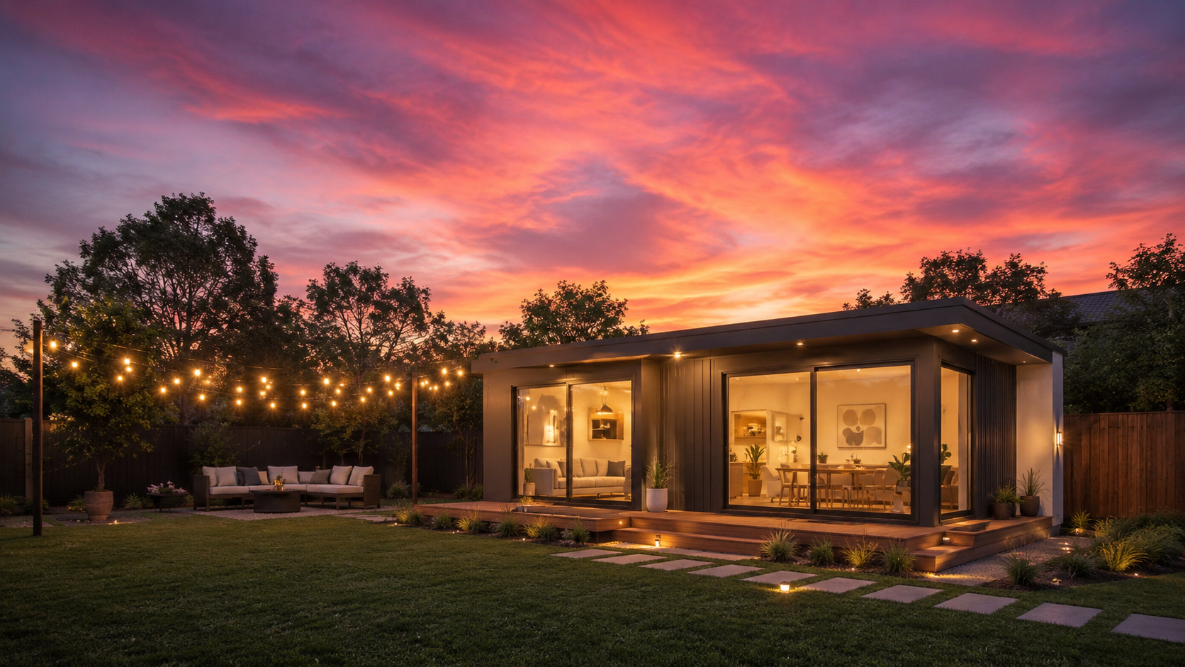 Modern backyard dwelling at sunset with warm interior lighting and fairy lights