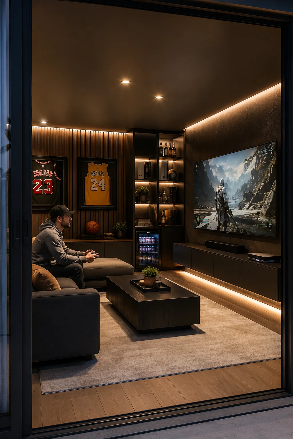 Backyard cabin set up as a relaxed lounge and entertainment space at dusk