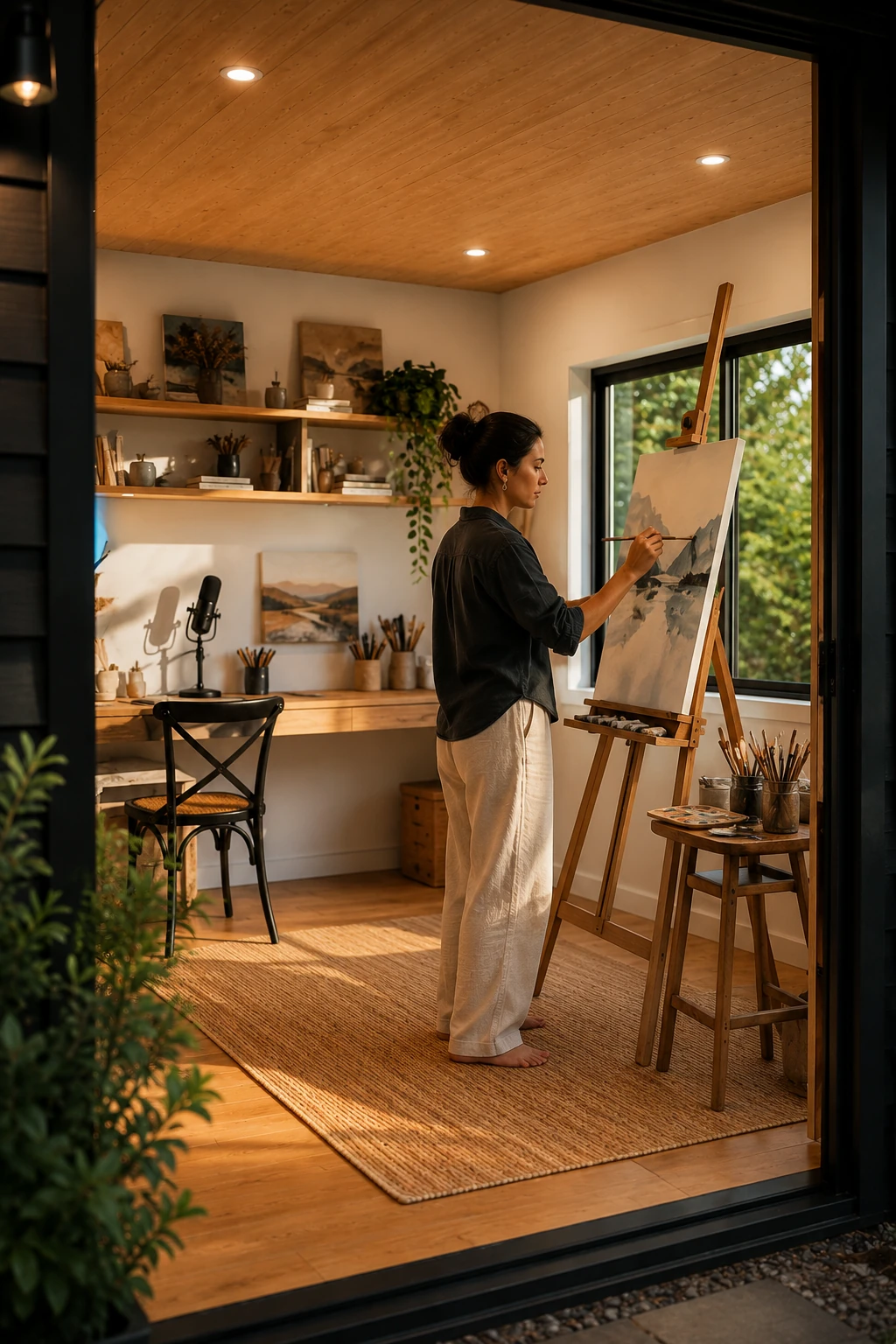 Bright backyard studio used as a creative hobby and making room